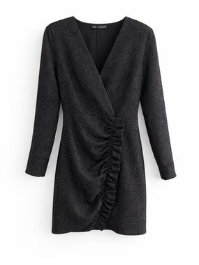 NWT Zara Textured Weave Tweed Blazer Dress Ruffle Metallic XL